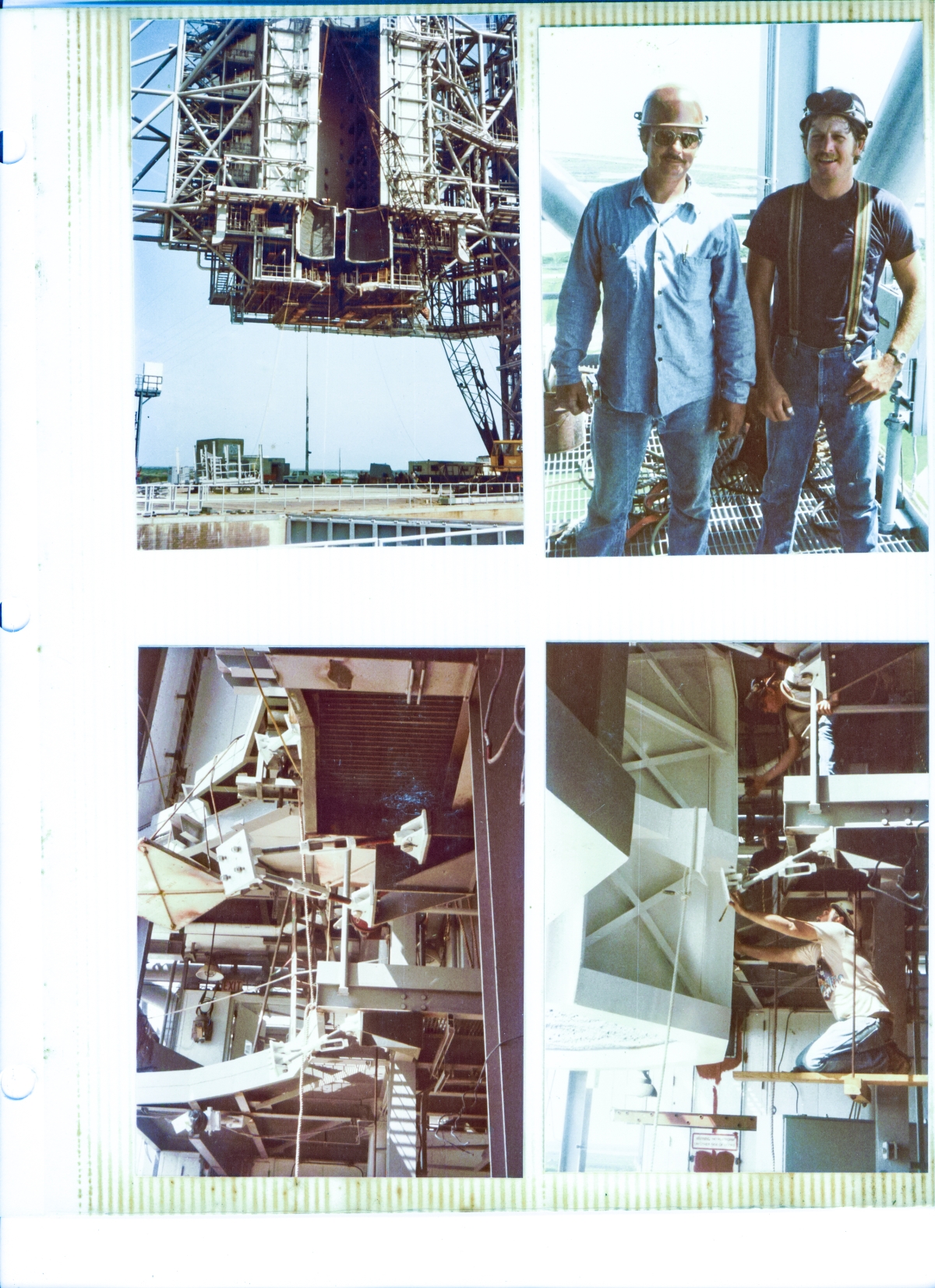 Clockwise from top left: The Rotating Service Structure at Space Shuttle Launch Complex 39-B, Kennedy Space Center, Florida, on the day the OMS Pod Heated Purge Covers were hung on its front surface, just beneath the floor of the Payload Access Room at Elevation 135’. Union Ironworkers from Local 808 share a light-hearted moment with their photographer near the northeast corner of the Fixed Service Structure at what appears to be one of the higher platform elevation levels, before going back to their dangerous and exhausting work. A Union Ironworker maneuvers one of the Turnbuckle Adjustment mounting plates prior to lining up the bolt-holes with its matching mount plate which you can see just to the left of it, on the OMS Pod Heated Purge Cover adjacent to it on the left. The area between the 112’ and 135’ elevations on the front of the RSS, where the OMS Pod Heated Purge Covers were to be mounted, just prior to their lift and attachment to the RSS.